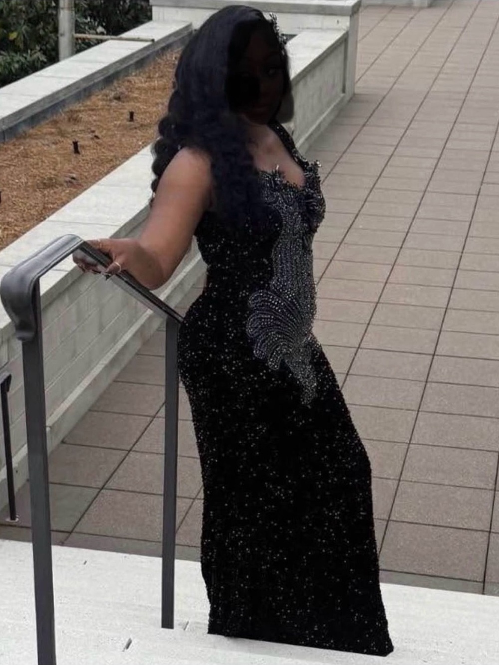Black Beaded Evening Gown - Women Dresses